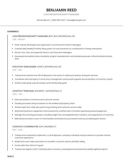 Loss Prevention/Safety Manager Resume