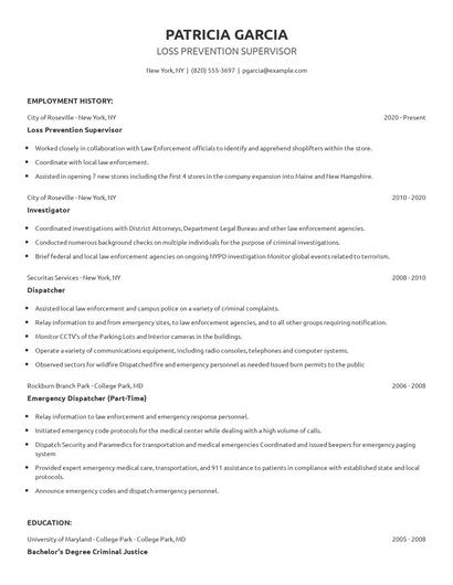 Loss Prevention Supervisor Resume