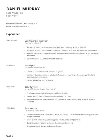 Loss Prevention Supervisor Resume