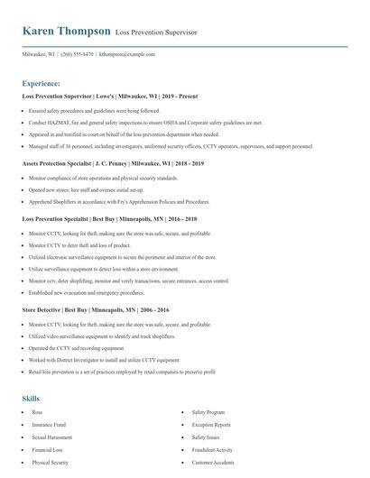Loss Prevention Supervisor Resume