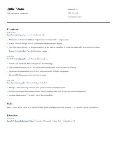 Loss Prevention Supervisor Resume