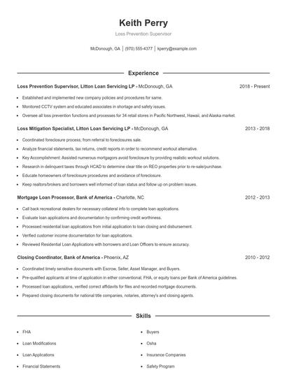 Loss Prevention Supervisor Resume