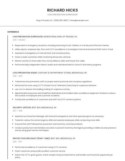 Loss Prevention Supervisor Resume