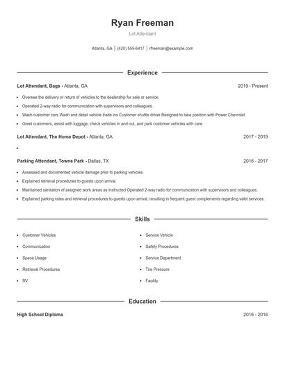 Lot Attendant Resume