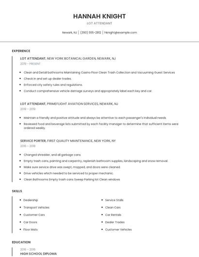 Lot Attendant Resume