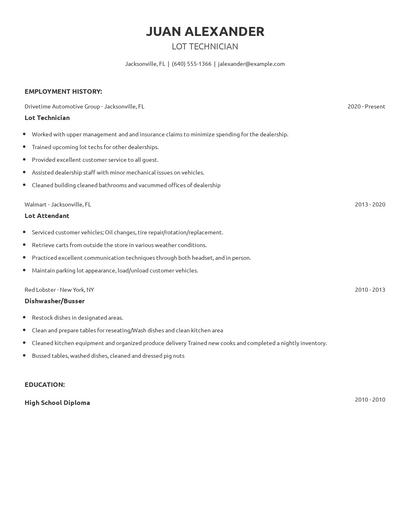 Lot Technician Resume