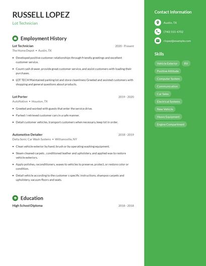 Lot Technician Resume