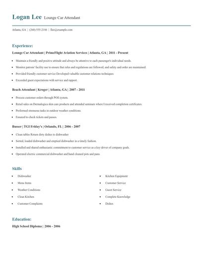 Lounge Car Attendant Resume