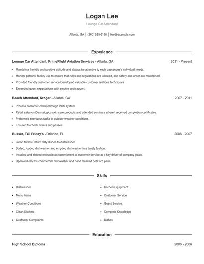 Lounge Car Attendant Resume
