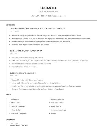 Lounge Car Attendant Resume