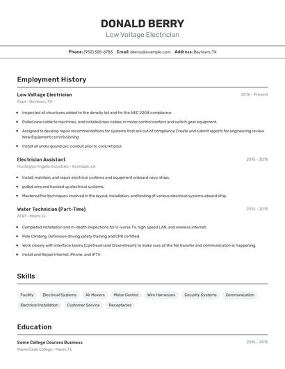 Low Voltage Electrician Resume