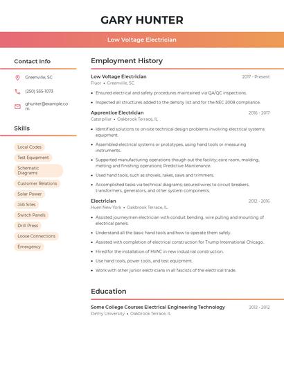 Low Voltage Electrician Resume