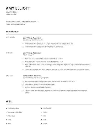 Low Voltage Technician Resume