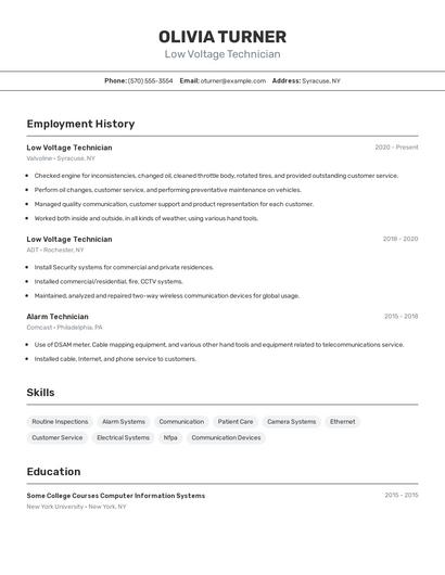Low Voltage Technician Resume