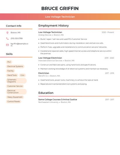 Low Voltage Technician Resume