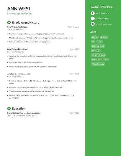 Low Voltage Technician Resume