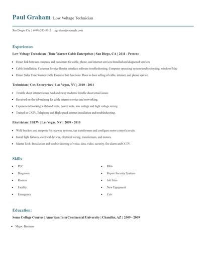 Low Voltage Technician Resume