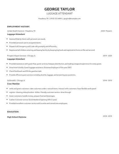 Luggage Attendant Resume