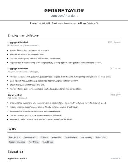 Luggage Attendant Resume