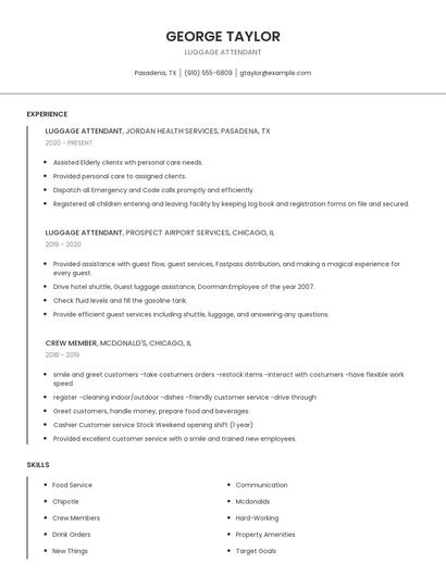 Luggage Attendant Resume