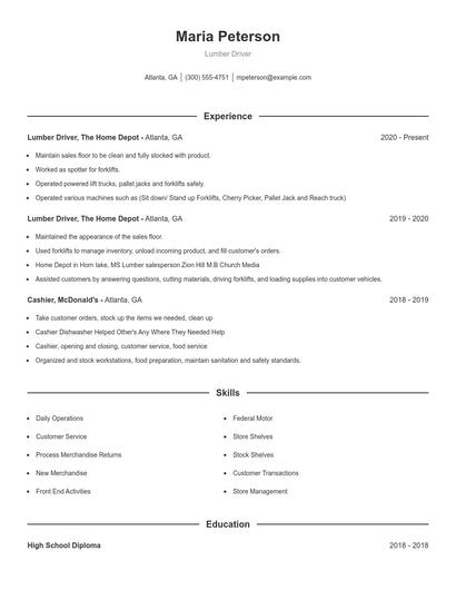 Lumber Driver Resume