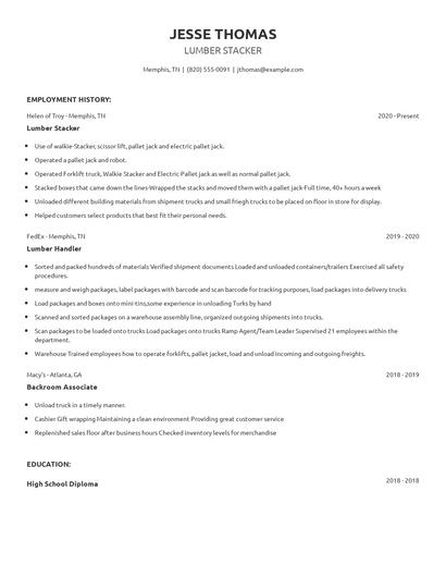 Lumber Stacker Resume