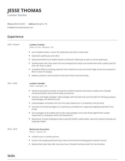 Lumber Stacker Resume