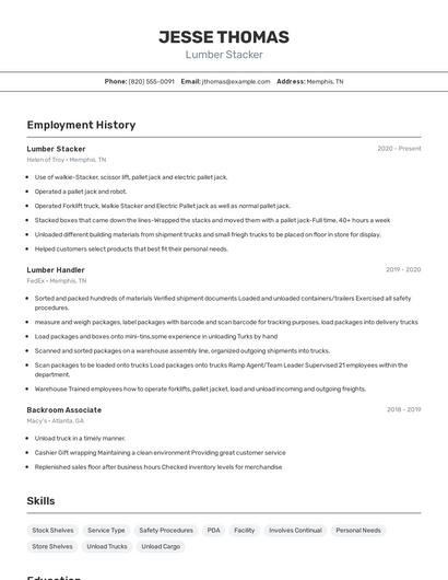 Lumber Stacker Resume