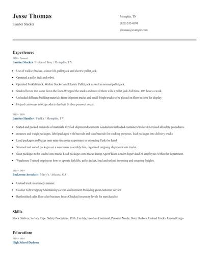 Lumber Stacker Resume