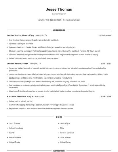 Lumber Stacker Resume