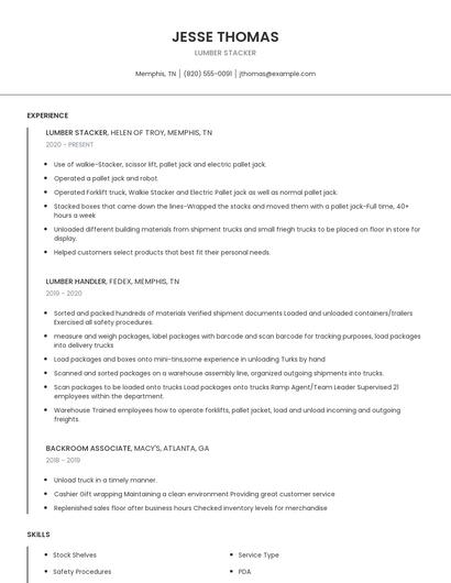 Lumber Stacker Resume
