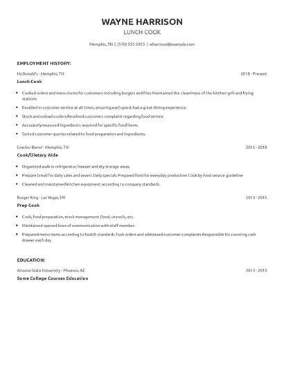 Lunch Cook Resume
