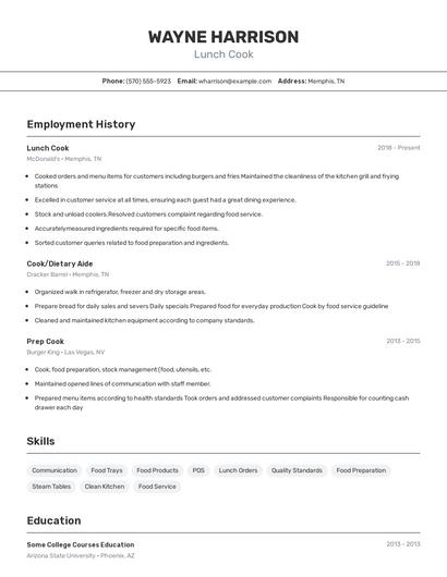 Lunch Cook Resume