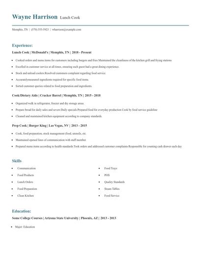 Lunch Cook Resume