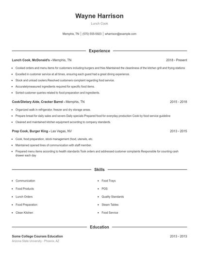 Lunch Cook Resume