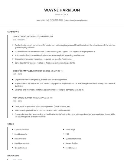 Lunch Cook Resume