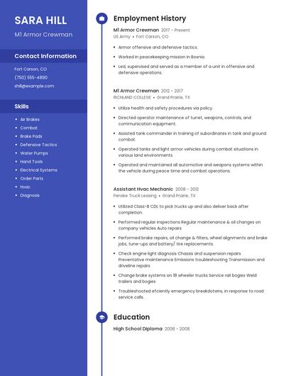 M1 Armor Crewman Resume
