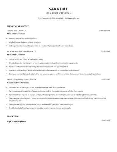 M1 Armor Crewman Resume