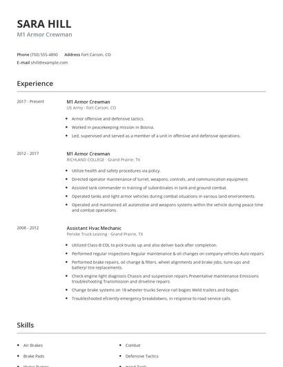 M1 Armor Crewman Resume