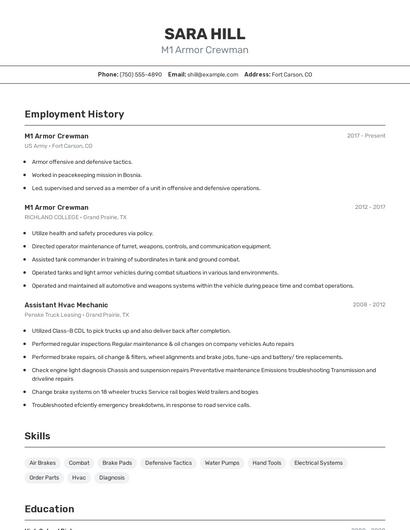 M1 Armor Crewman Resume