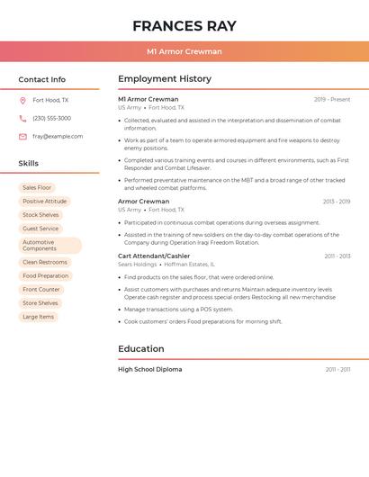 M1 Armor Crewman Resume