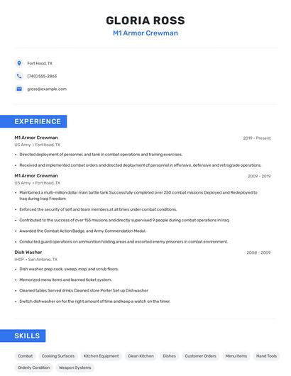 M1 Armor Crewman Resume
