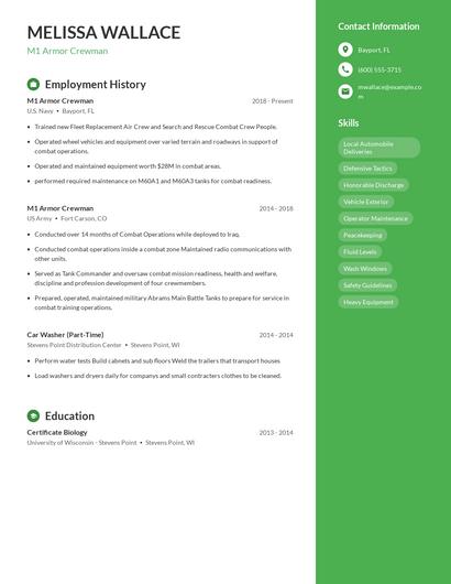 M1 Armor Crewman Resume