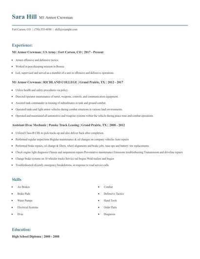 M1 Armor Crewman Resume
