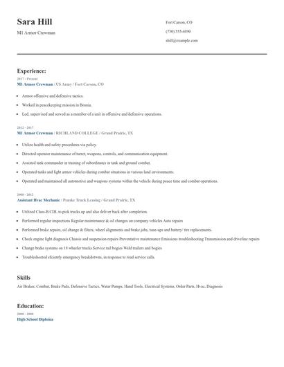 M1 Armor Crewman Resume