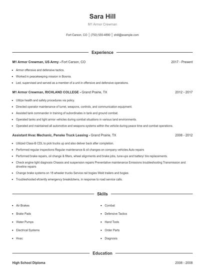 M1 Armor Crewman Resume