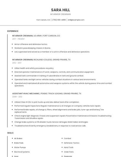 M1 Armor Crewman Resume