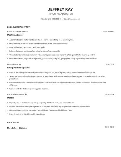 Machine Adjuster Resume