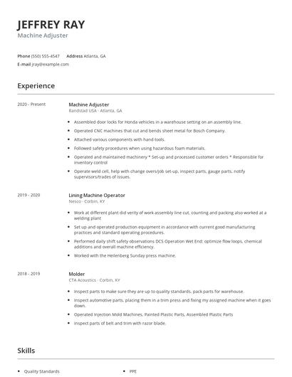 Machine Adjuster Resume