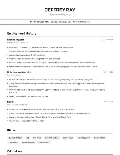 Machine Adjuster Resume